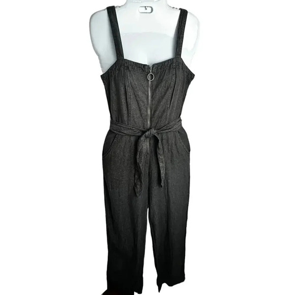91 Cotton On Black Charcoal Denim Zip Front Tie Belt Jumpsuit Romper Women's 2 - Picture 1 of 9